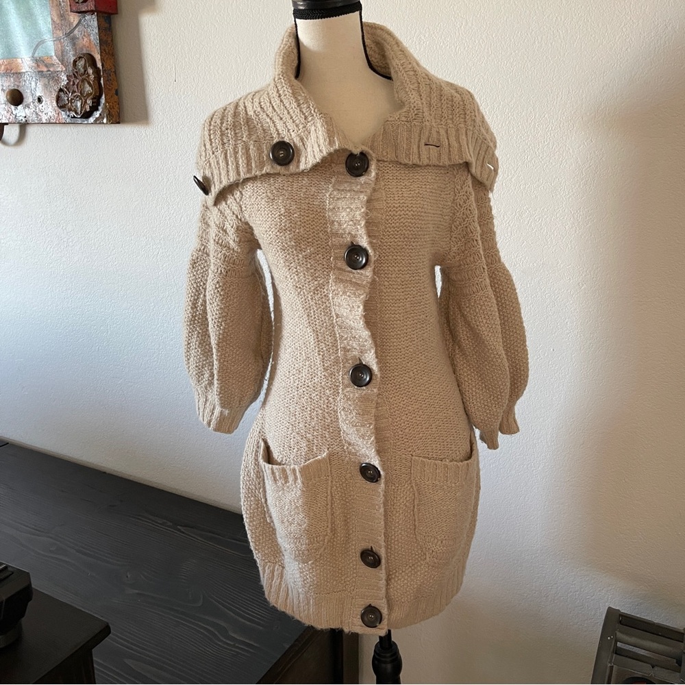 Free People Long Soft Beige Wool Sweater Cardigan 3/4 Sleeve Small